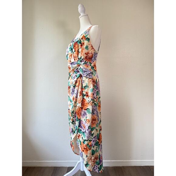 Express Floral Faux Wrap Midi Dress Women‎ M Spaghetti Strap Tulip Hem Cocktail - Picture 2 of 14